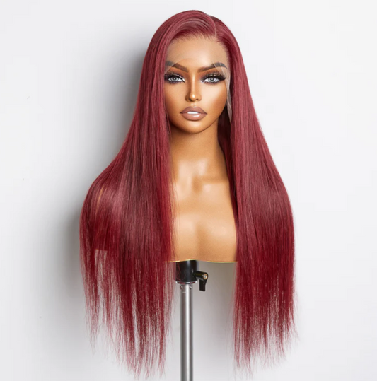 💃 24” Burgundy 13"x4" Lace Front Straight Wig – Pre-Plucked, Free Part & 100% Human Hair! 💃